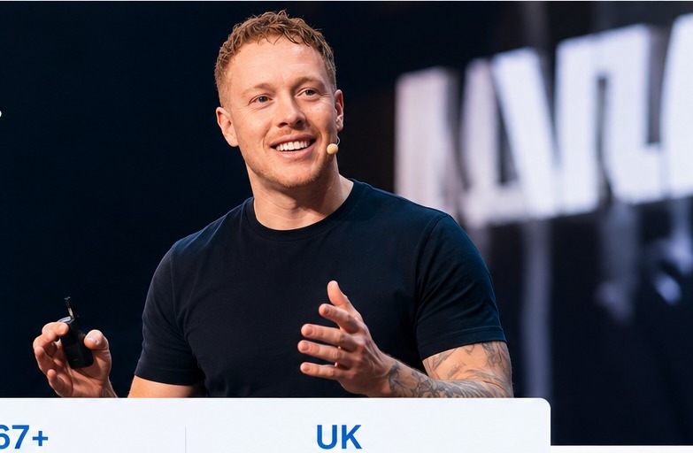 Matt Travis speaking on stage